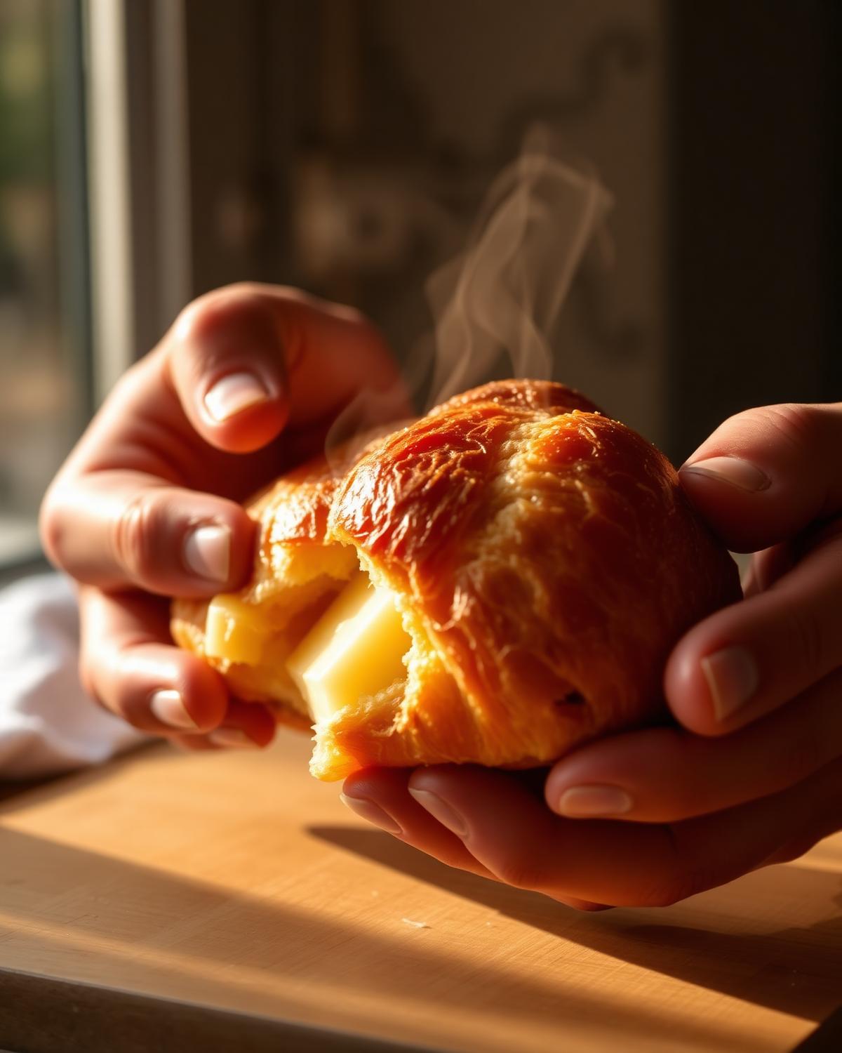A buttery croissant being broken open